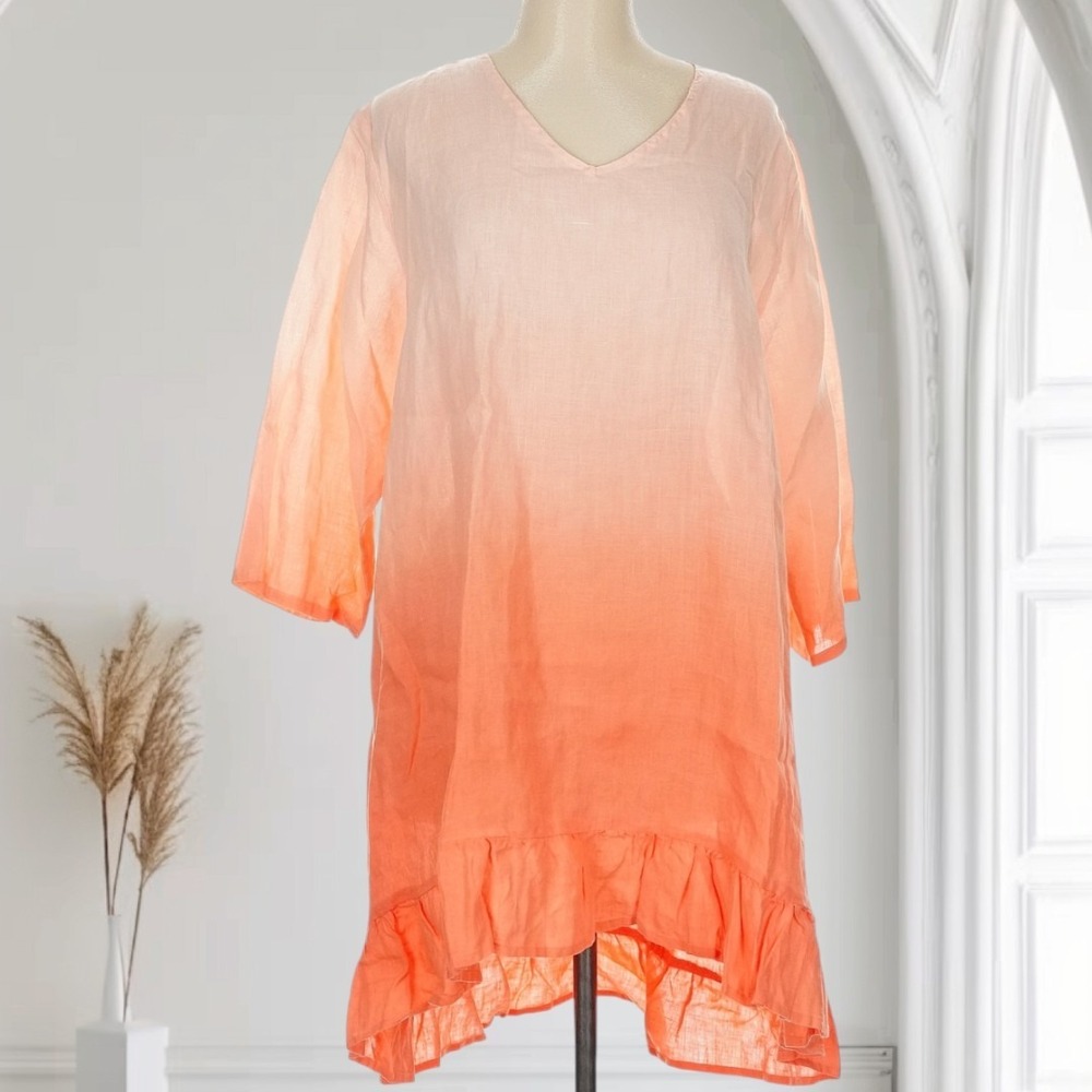 Match Point USA‎ 100% Linen Dress Ombre Womens L Ruffle Lagenlook Coastal